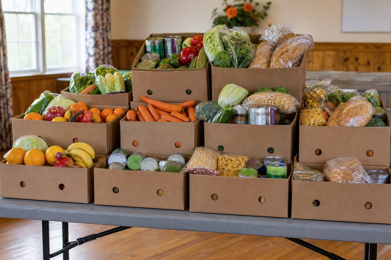 Boxes of fresh produce, bread and pantry staples