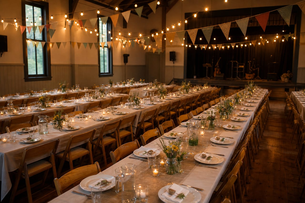 Tables set for a community fundraiser dinner
